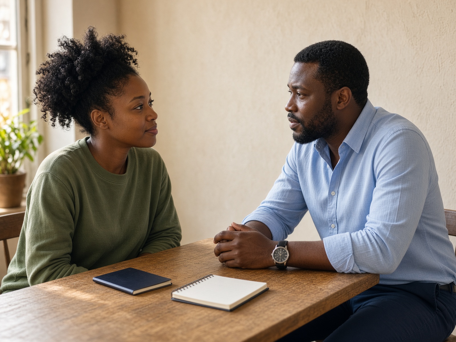 A 1:1 coaching conversation at a sunlit table