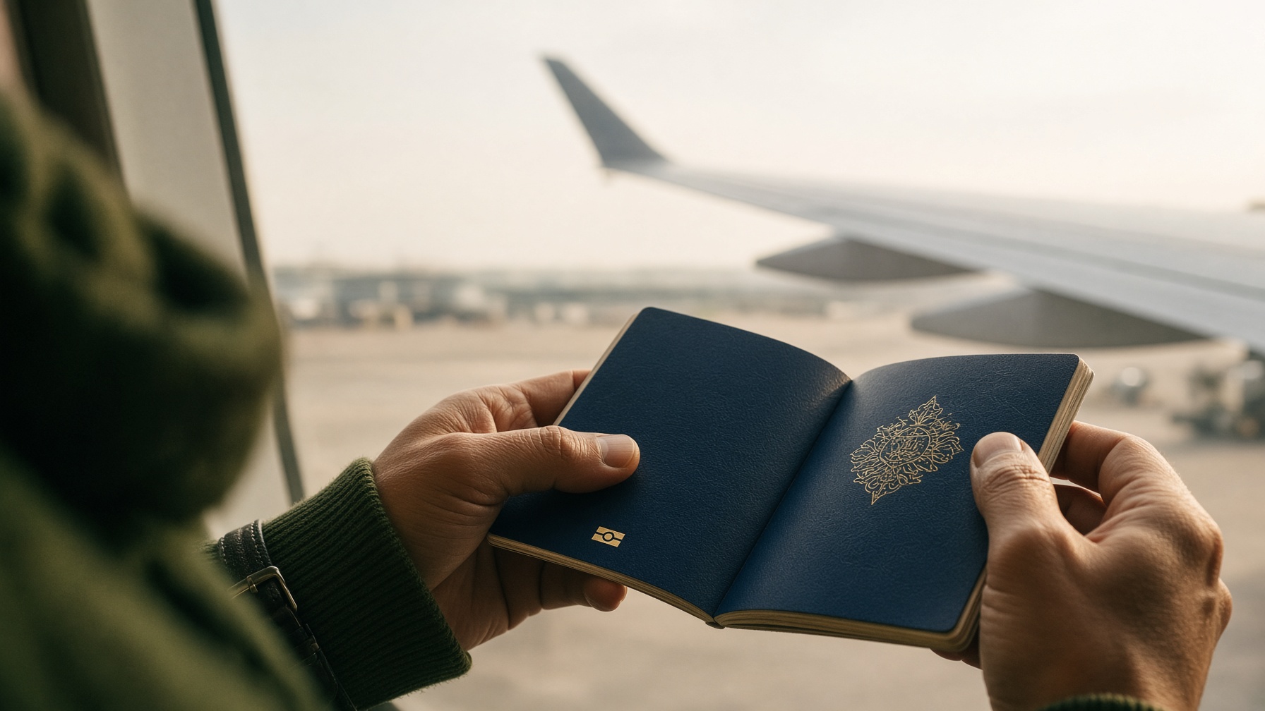 Hands holding a passport at an airport window